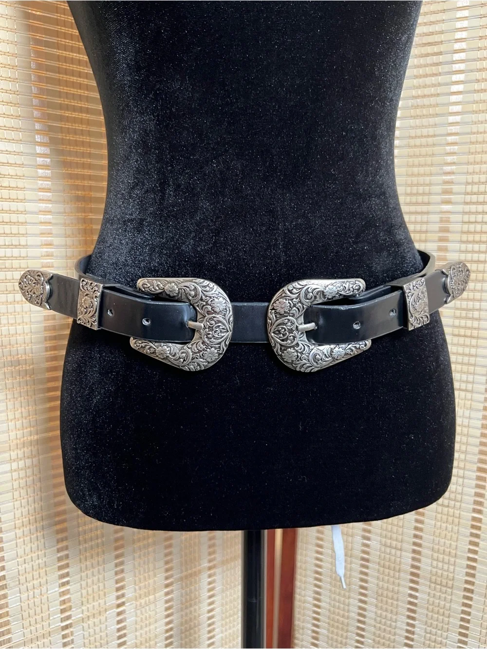 Black Western Double Buckle Belt Silver Floral Engraved Hardware Statement Waist